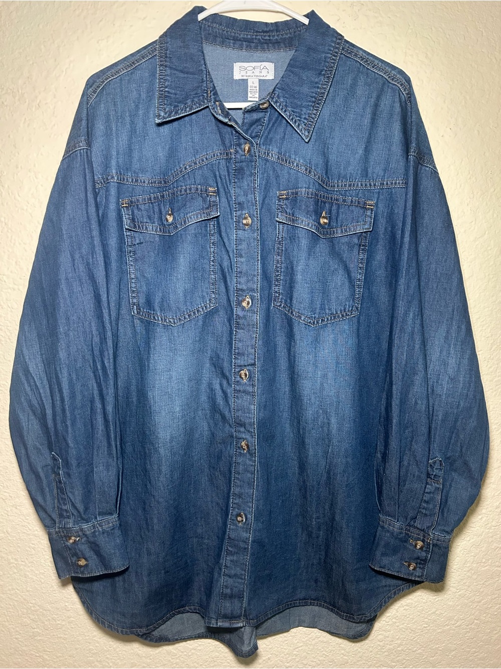 SOFIA Jeans Button-Front Denim Shirt Shacket Blue Large 12/14 Casual Summer - Picture 2 of 7